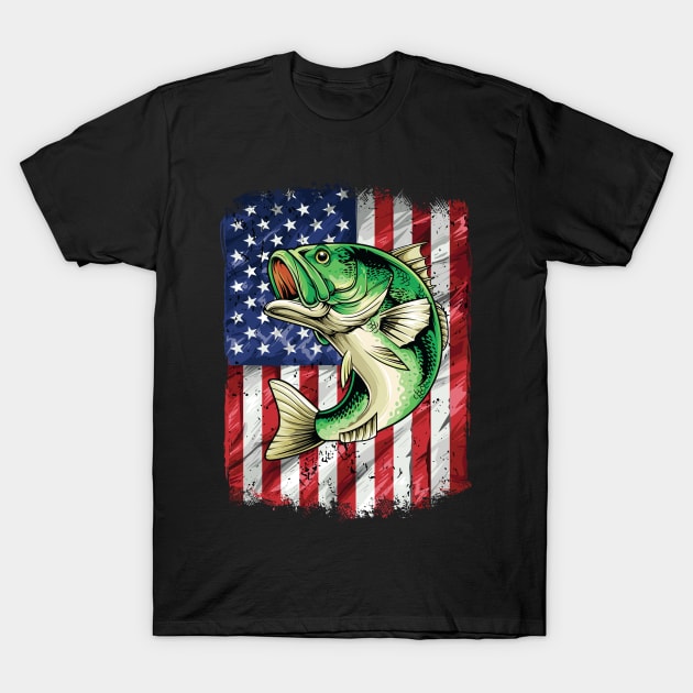 Bass Fishing American USA Flag Fisherman T-Shirt by Pennelli Studio